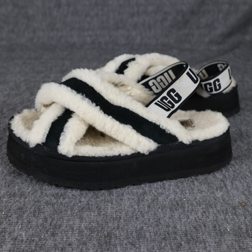 UGG Slippers Womens 9 White Black Shearling Fluff Slide Logo Strap Platform